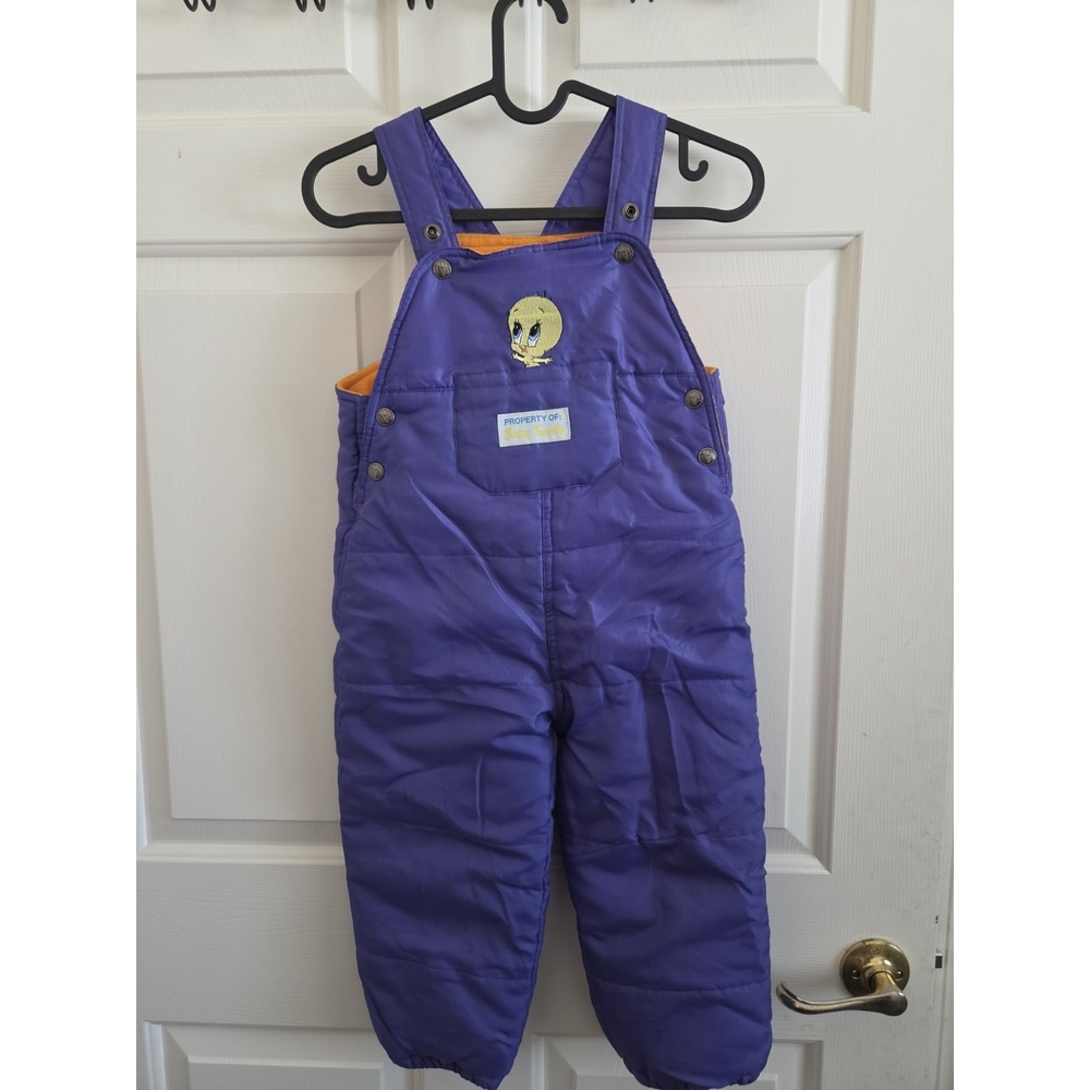 Vintage 1998 Baby Looney Tunes Tweety Bird Snow Bib Overalls 3T Purple USA